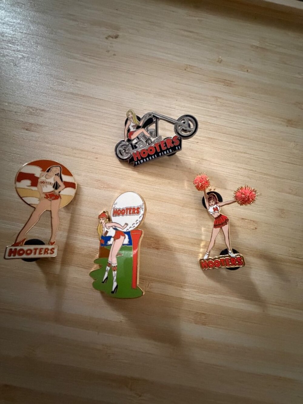 Hooters Collectible Lapel Pin Set - Cheerleader Golf Motorcycle & Iconic Girl De